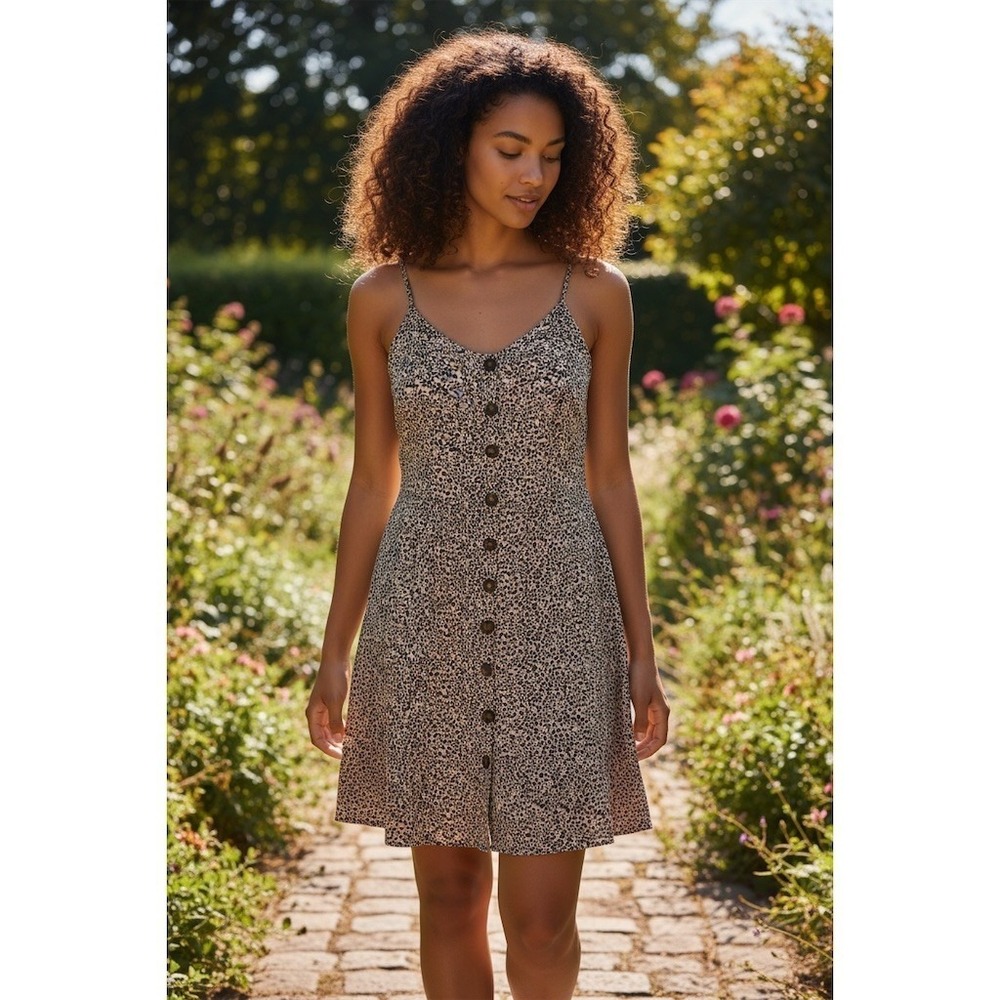 Japna Sundress Sz S Beige Ditsy Floral Button Front Smocked Back spaghetti strap